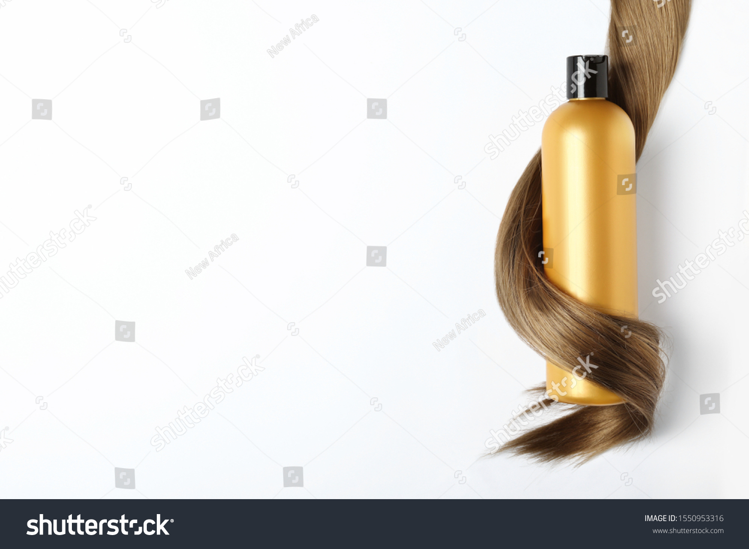 Shampoo bottle wrapped in lock of hair isolated on white, top view. Natural cosmetic products #1550953316