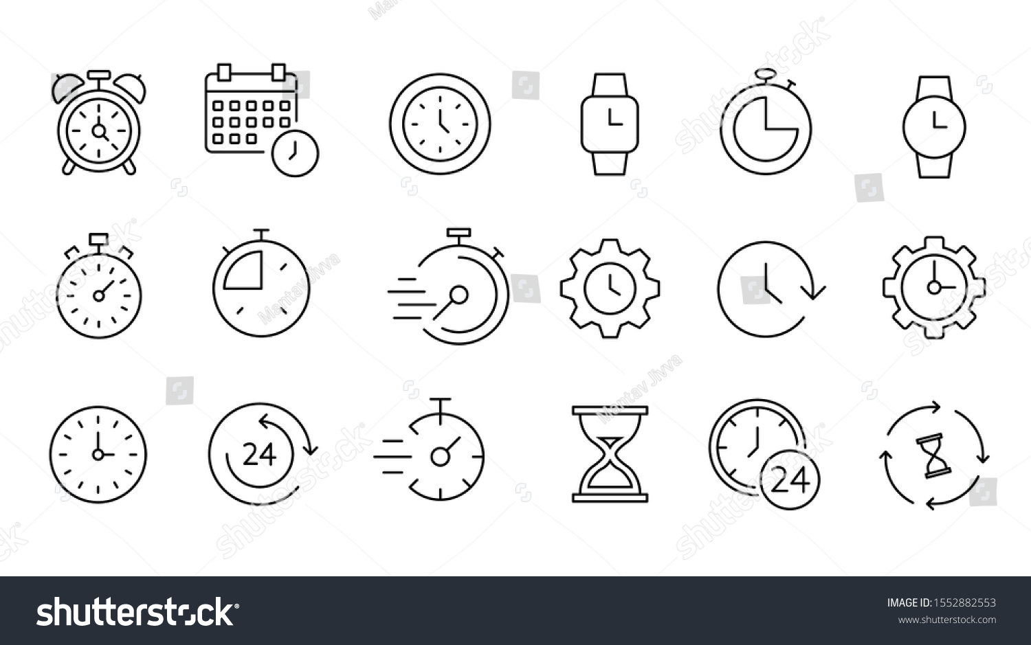 Time and clock icon set, timer, speed, alarm, restore, management, calendar, watch thin line symbols for web and mobile phone on white background - editable stroke vector illustration eps10 #1552882553