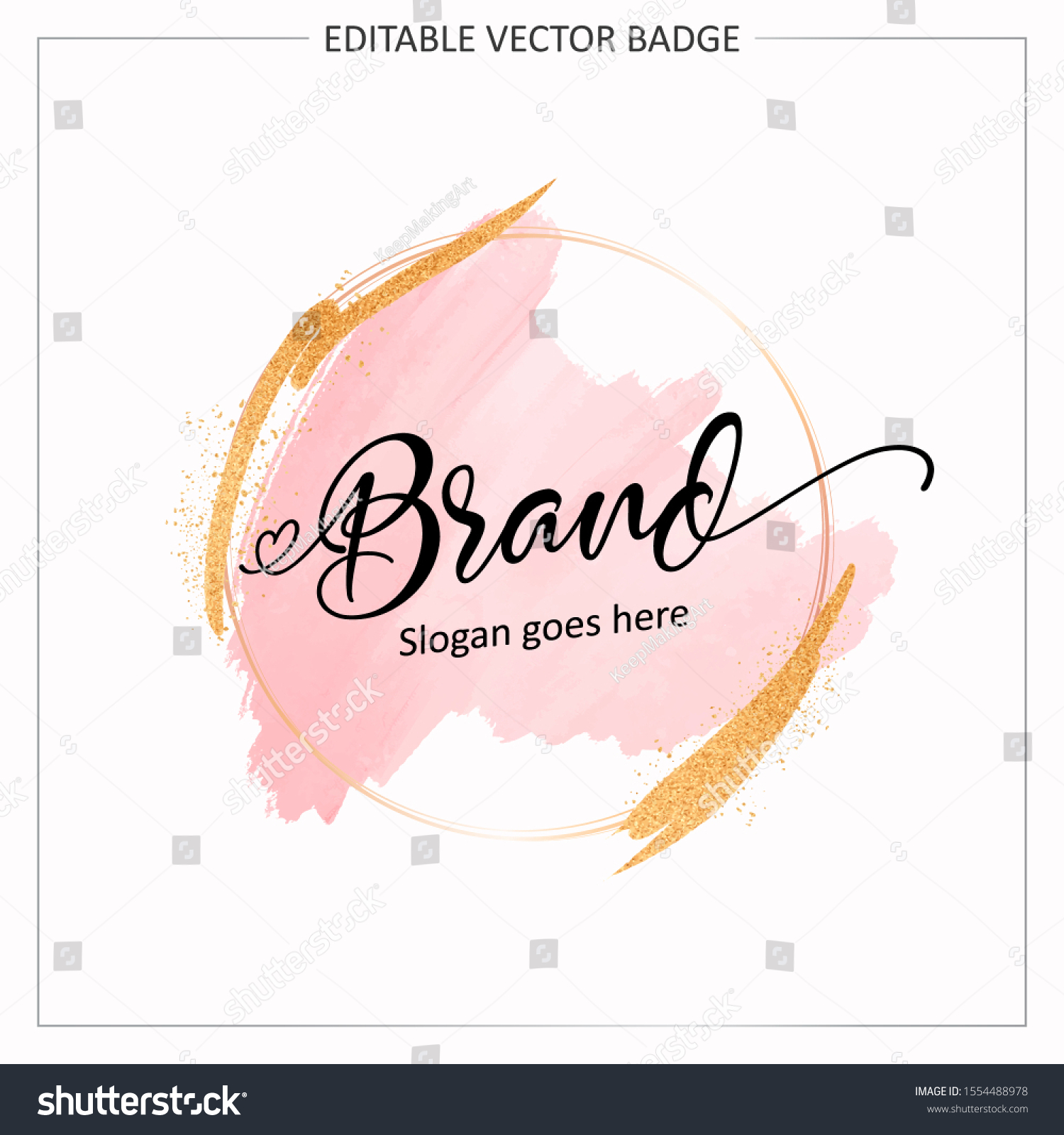 Feminine badge. Elegant watercolor background logo with round frame and gold glitter. Beautiful badge for branding and card composition design concept #1554488978