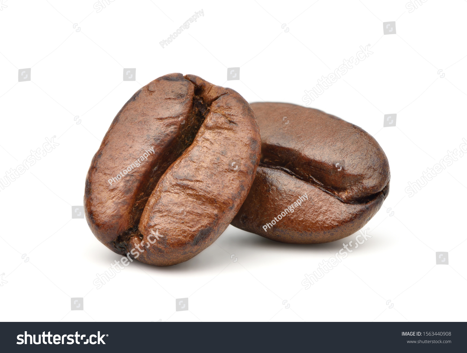 Close-up Two roasted coffee beans isolated on white background. Clipping path #1563440908