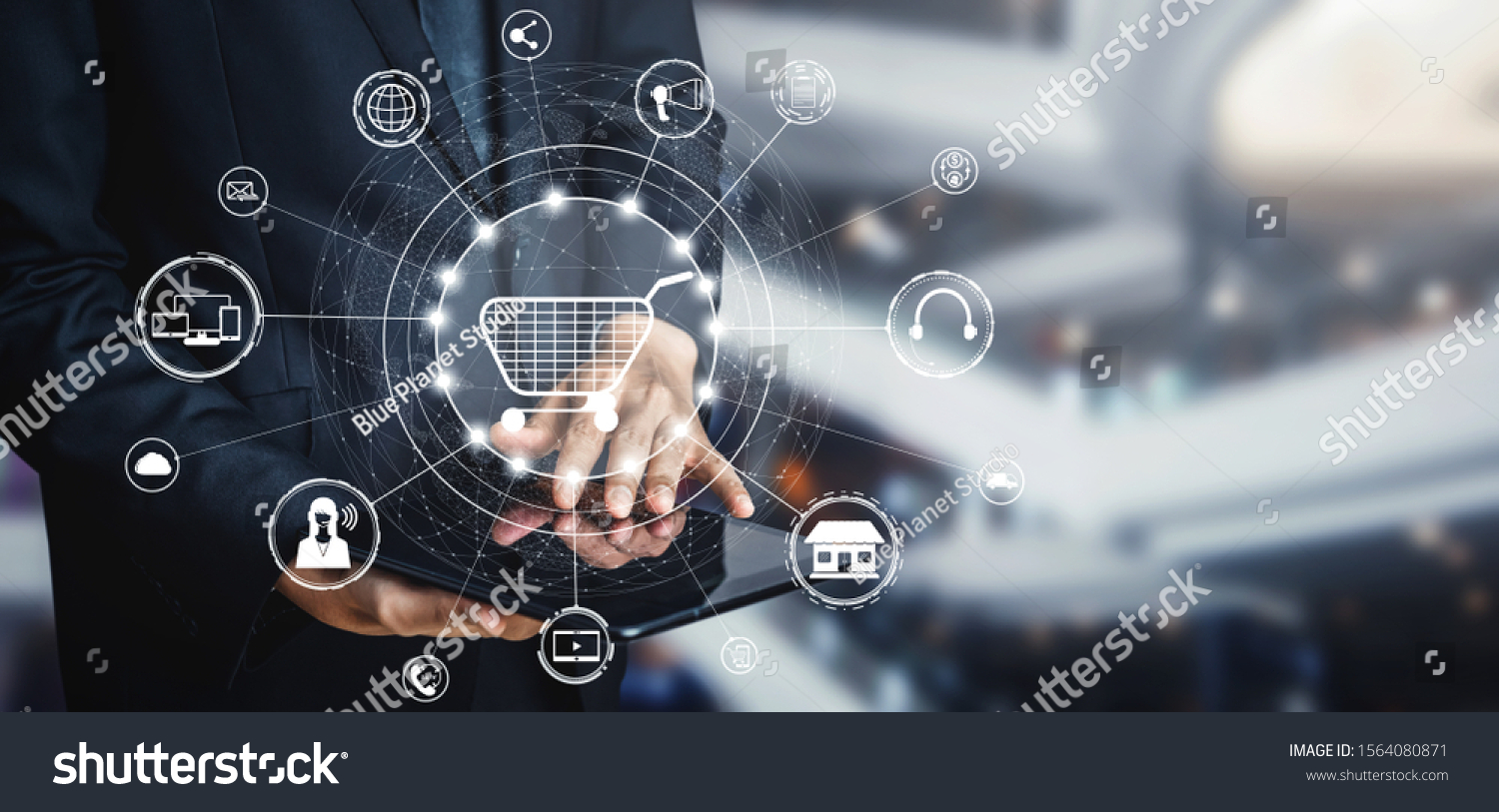Omni channel technology of online retail business. Multichannel marketing on social media network platform offer service of internet payment channel, online retail shopping and omni digital app. #1564080871