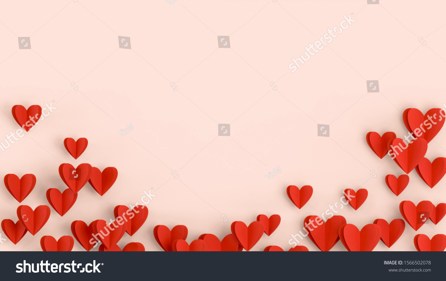 Red hearts background, paper cut romantic concept, top view. Beautiful cute hearts on pastel pink table flat lay composition. Valentines Day greeting card concept. Mothers Day anniversary design. #1566502078