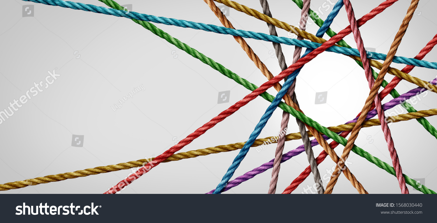 Connected diversity and circle shaped group of ropes creating a centralized circular shape in a horizontal composition as a connect concept for business or social media. #1568030440