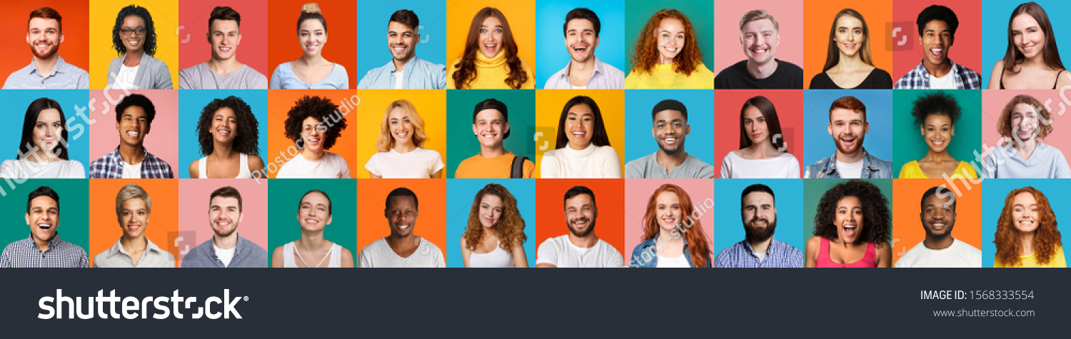 Collage of multiethnic happy people portraits on colored backgrounds, panorama #1568333554