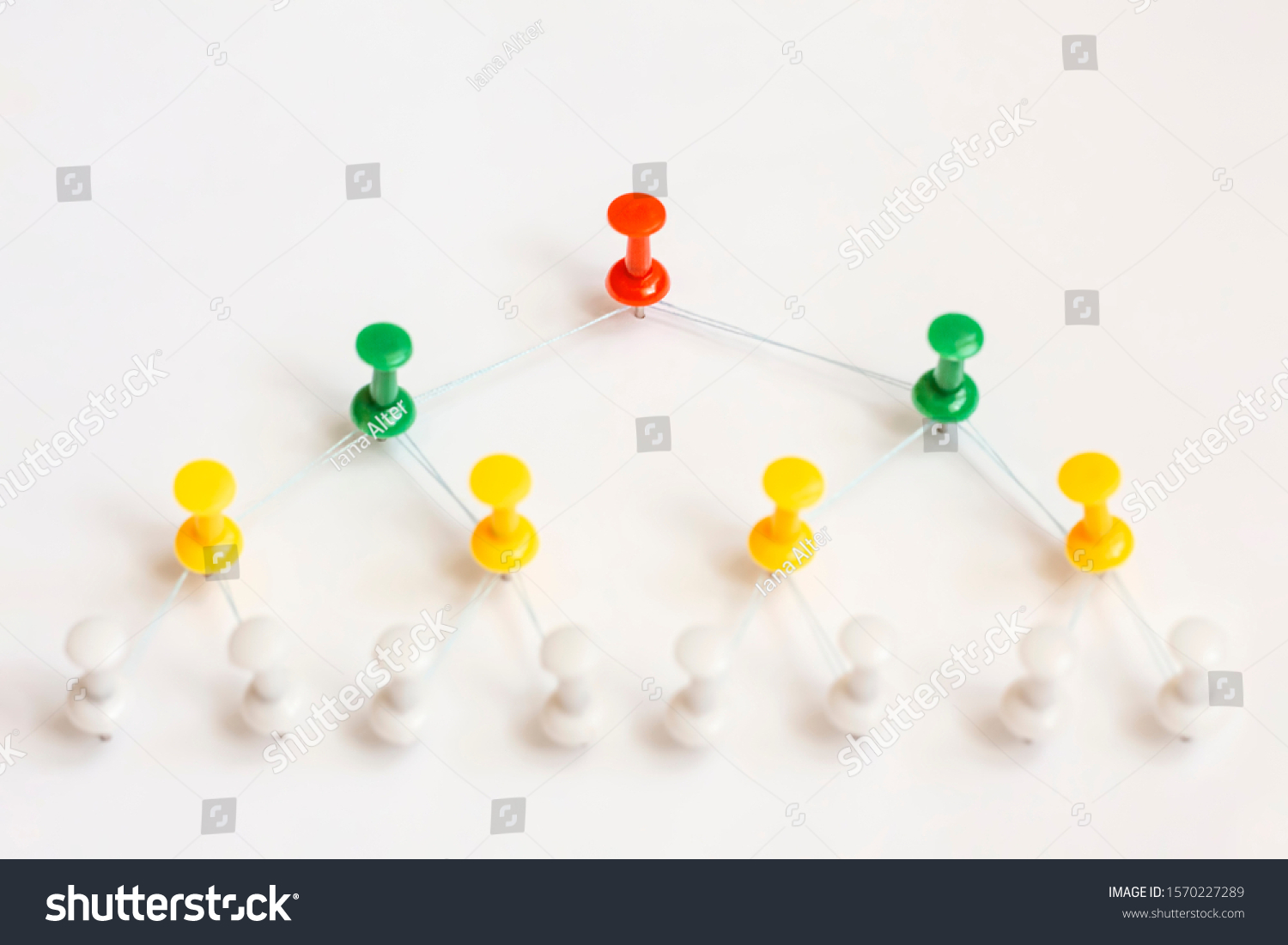 Organization structure. Group colorful pins of command communication chain. Hierarchy chart, diagram. Network marketing, leadership, team building, management and connected people concepts. #1570227289