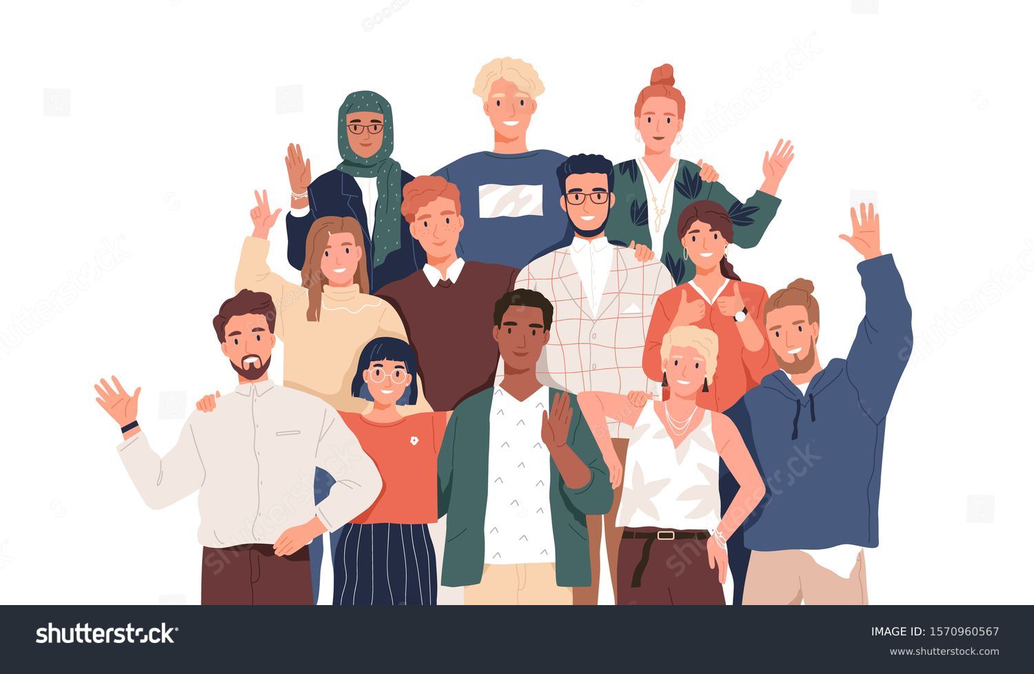Multicultural team flat vector illustration. Unity in diversity. People of different nationalities and religions cartoon characters. Multinational society. Teamwork, cooperation, friendship concept. #1570960567