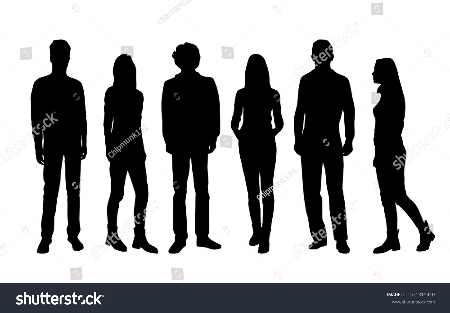 Vector silhouettes of  men and a women, a group of standing and walking business people, black color isolated on white background #1571315410