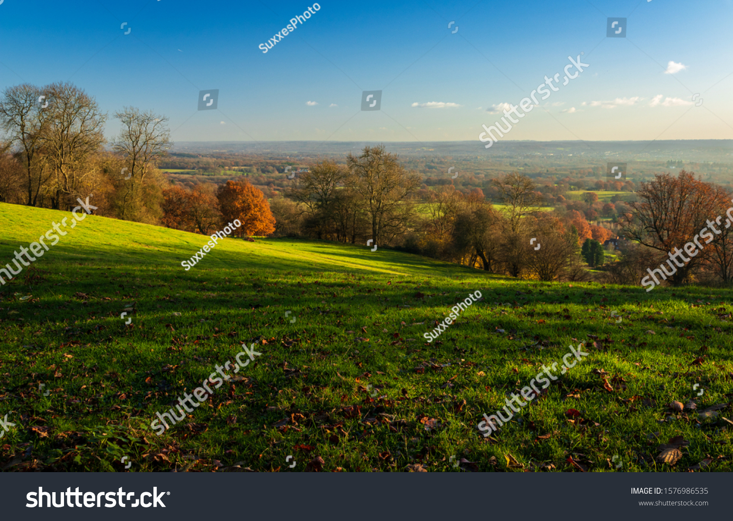 Beautiful late autumn views south of the weald from the Kent downs near Sevenoaks south east England UK #1576986535