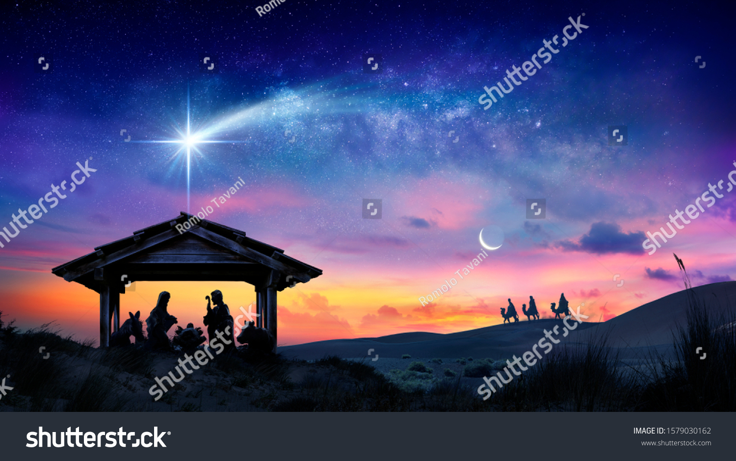 Nativity Of Jesus - Scene With The Holy Family With Comet At Sunrise
 #1579030162