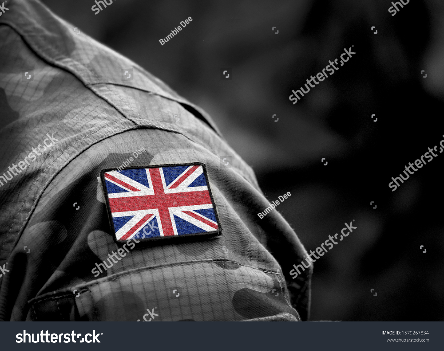 Flag of United Kingdom on military uniform. UK Army. British Armed Forces, soldiers. Collage. #1579267834