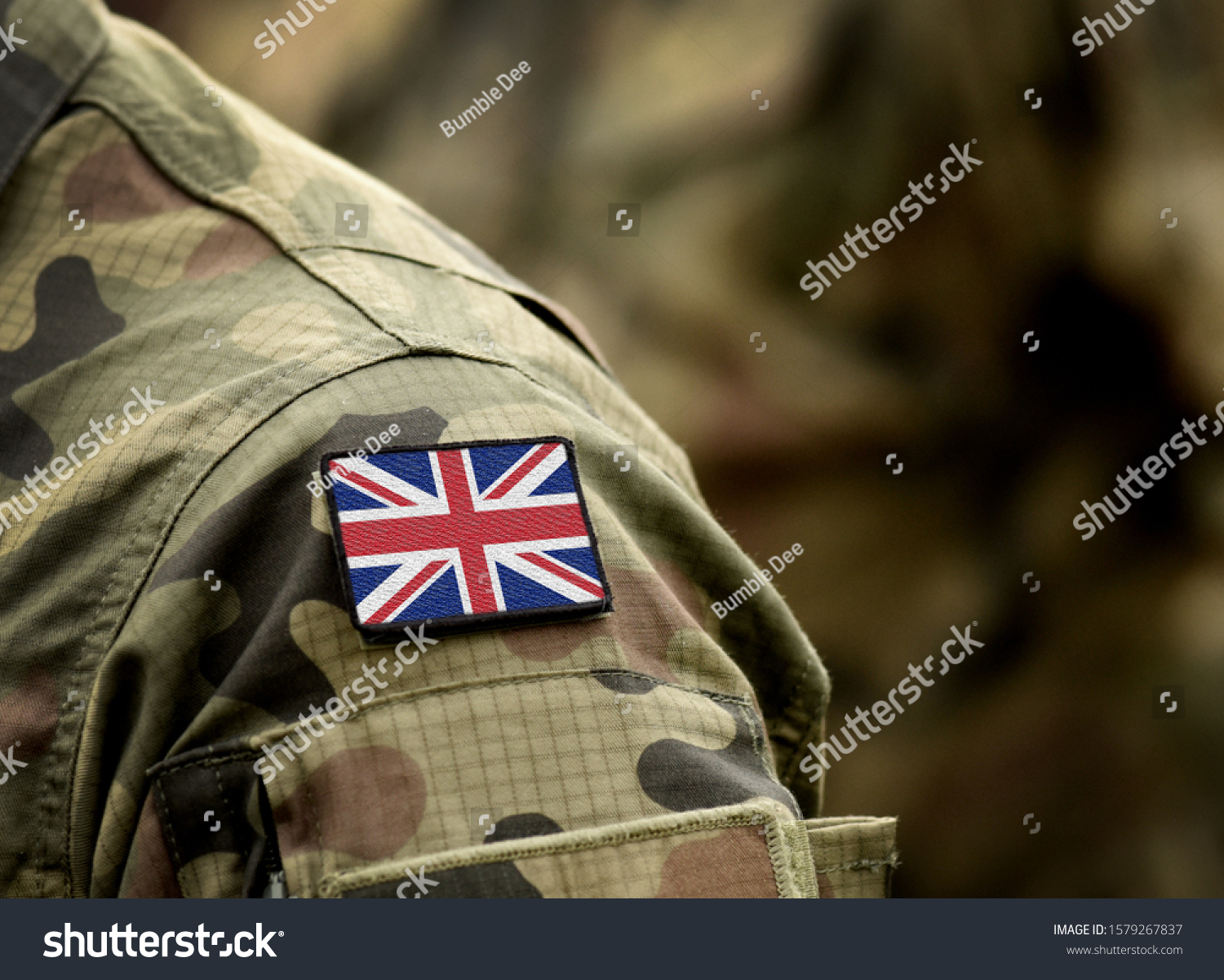 Flag of United Kingdom on military uniform. UK Army. British Armed Forces, soldiers. Collage. #1579267837