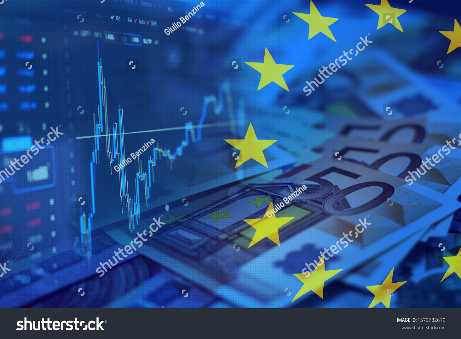 European currency Euro. Stock market. Currency market. European flag. Stock market chart. EEC. 50 euros. Value of money. #1579782679