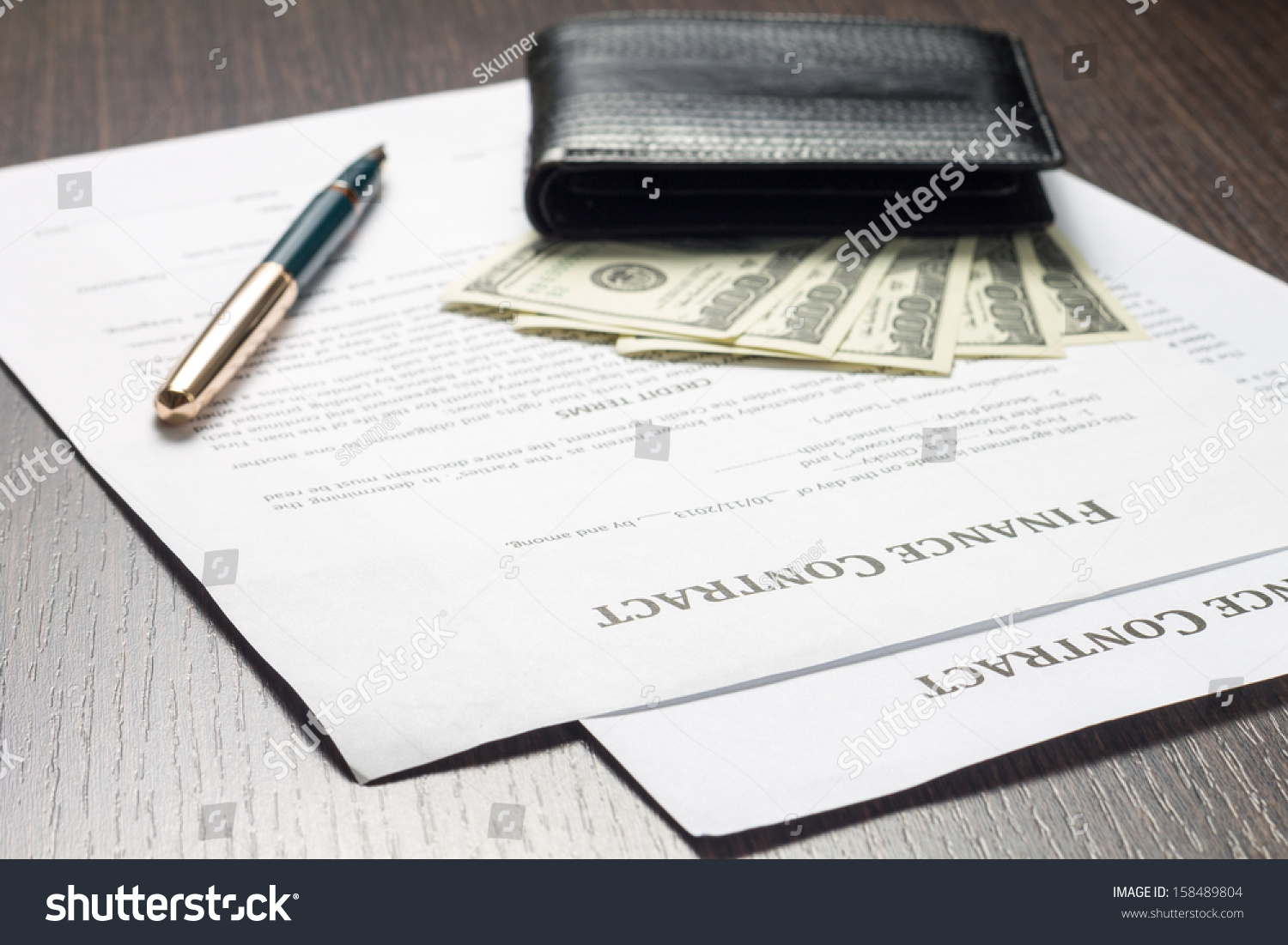 Financial document with wallet, money and fountain pen #158489804