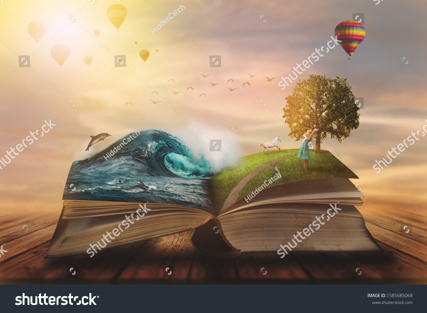 
Concept of an open magic book; open pages with water and land and small child. Fantasy, nature or learning concept, with copy space #1585685068