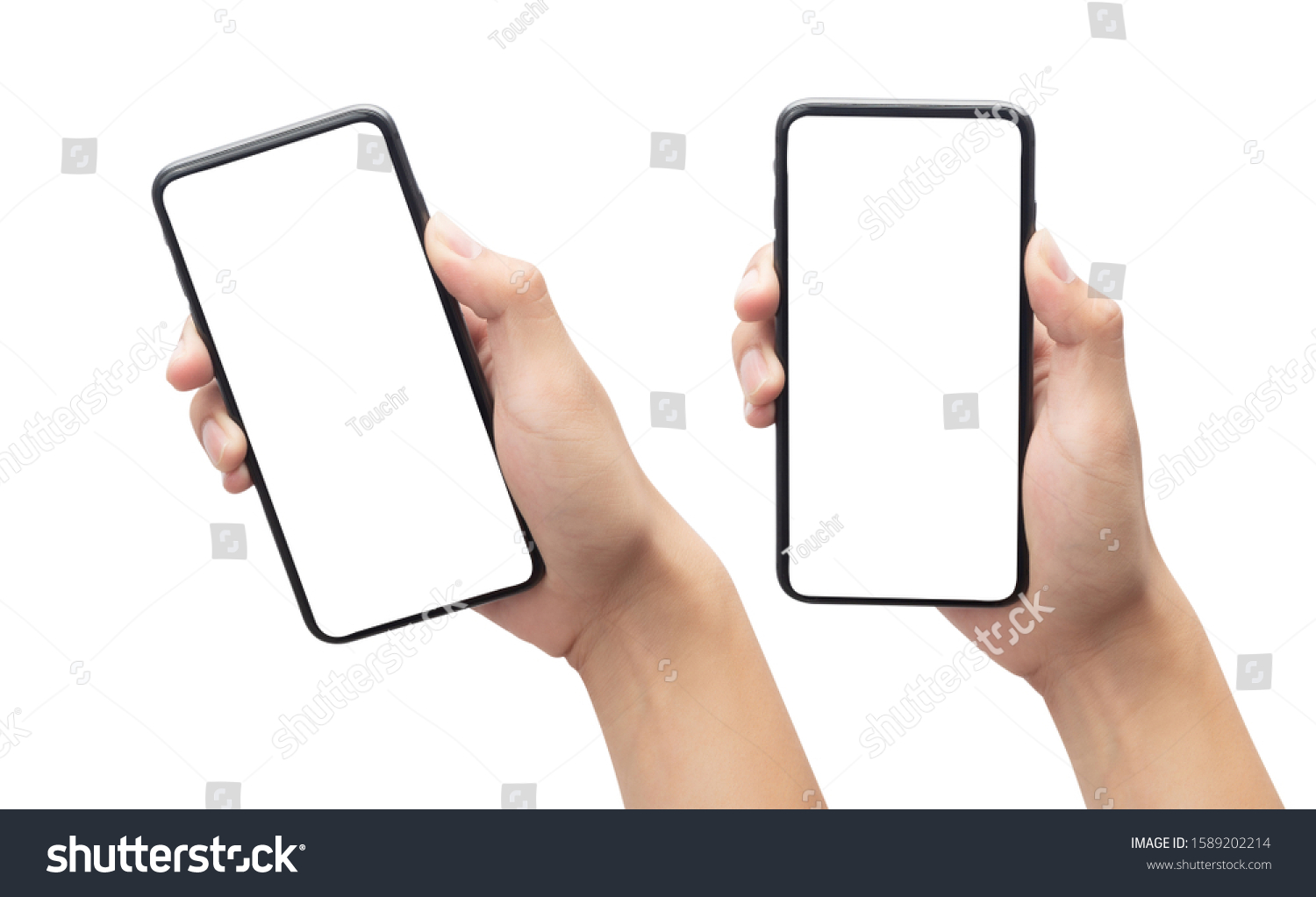 Set of Male hand holding the black smartphone with blank screen isolated on white background with clipping path. #1589202214