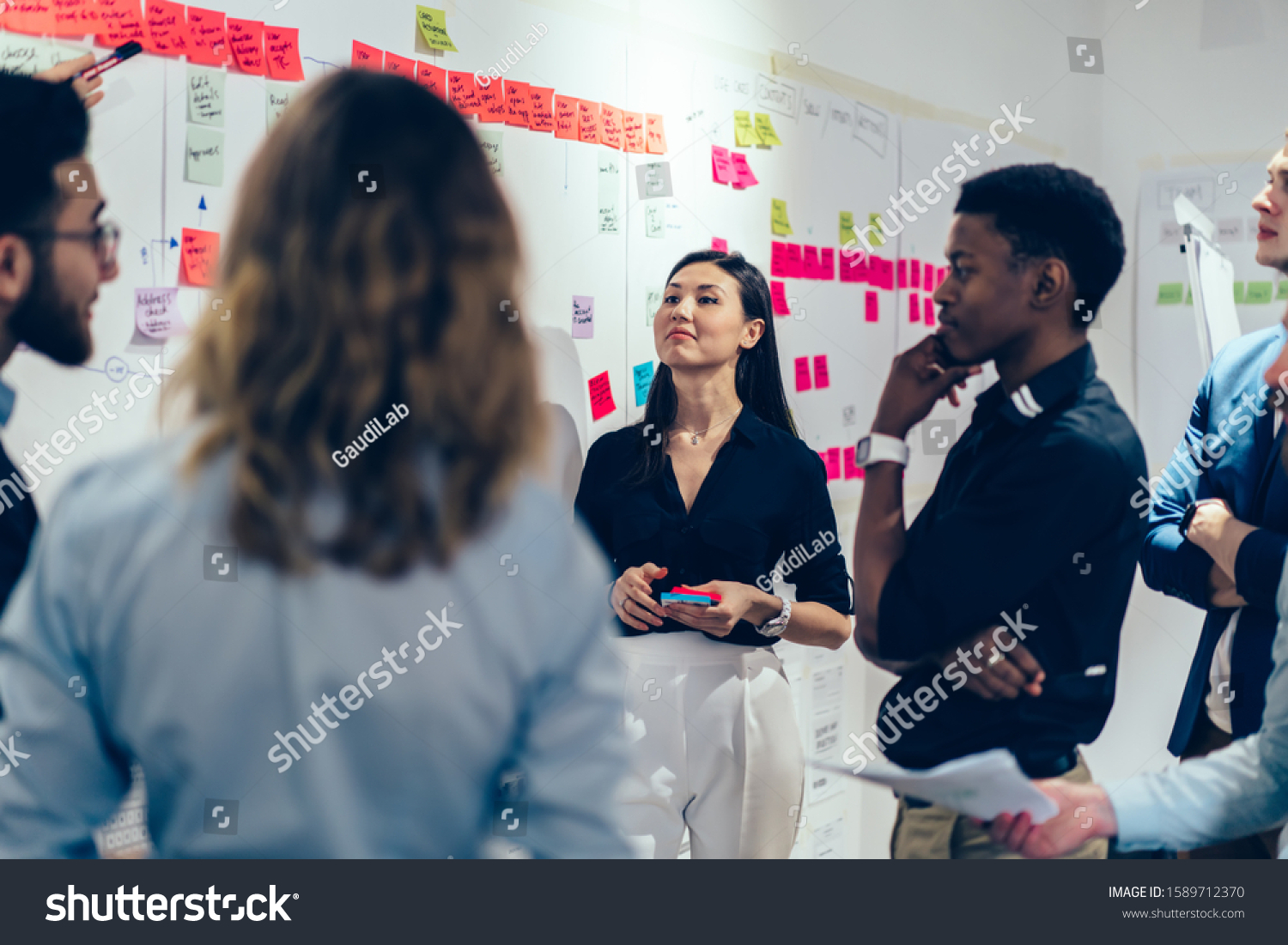 Smart multiethnic male and female coworkers in formal clothing setting goals with colorful sticky notes and discussing at creative office  #1589712370