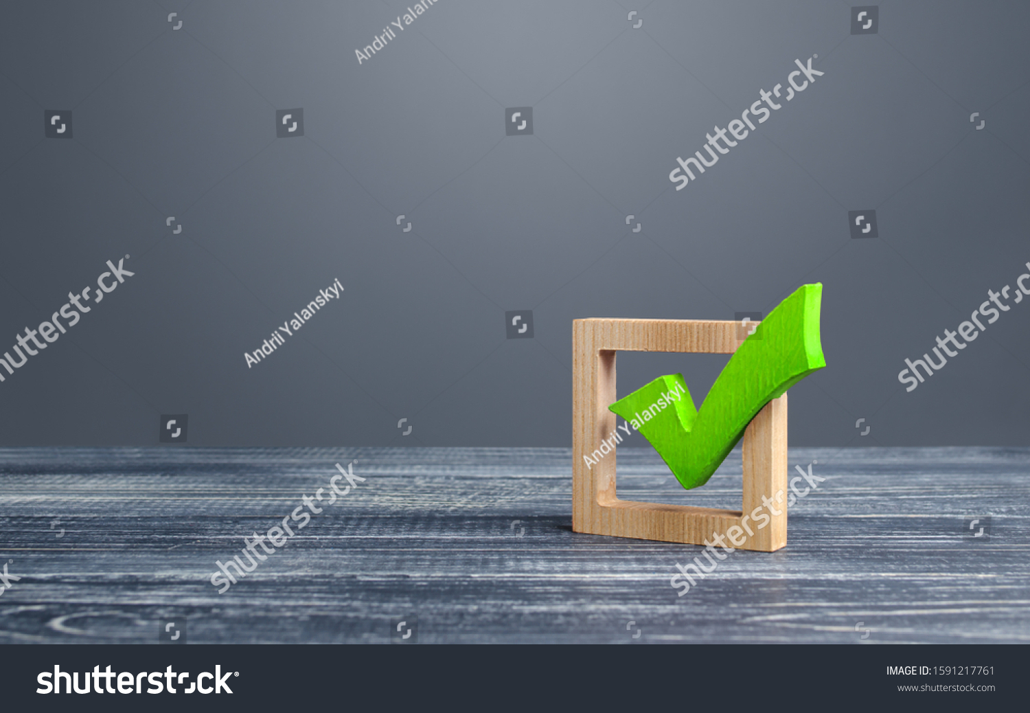 Green voting tick in a box. Checkbox. Democratic elections, referendum. The right to choose, change of power. Checklist for verification and self-discipline. Necessary quality criteria approval symbol #1591217761
