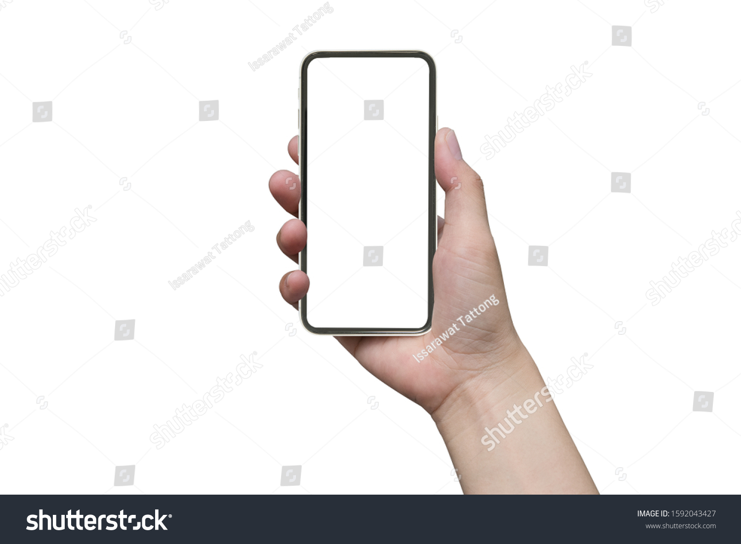 close up hand hold phone isolated on white, mock-up smartphone white color blank screen #1592043427