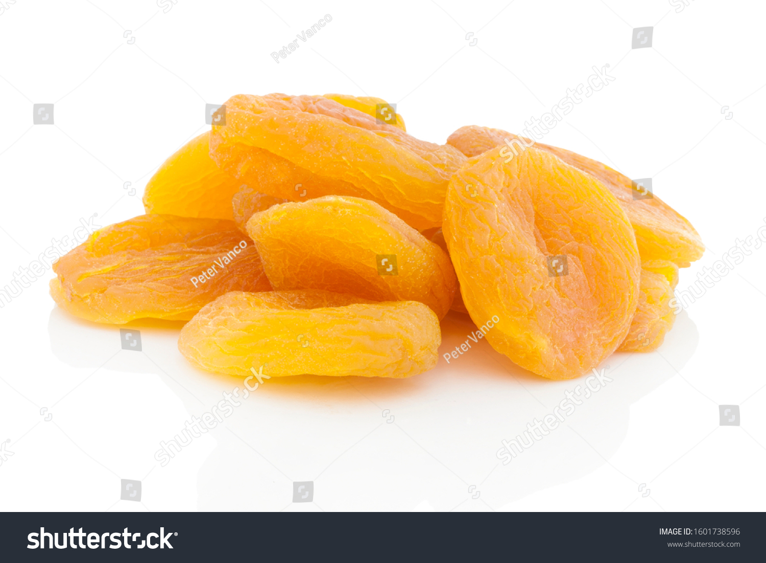 Dried stoneless apricots. Isolated on white background with shadow reflection. With clipping path. With vector path. Dried heap of apricots on white bg. Dried fruits on white glossy underlay. #1601738596