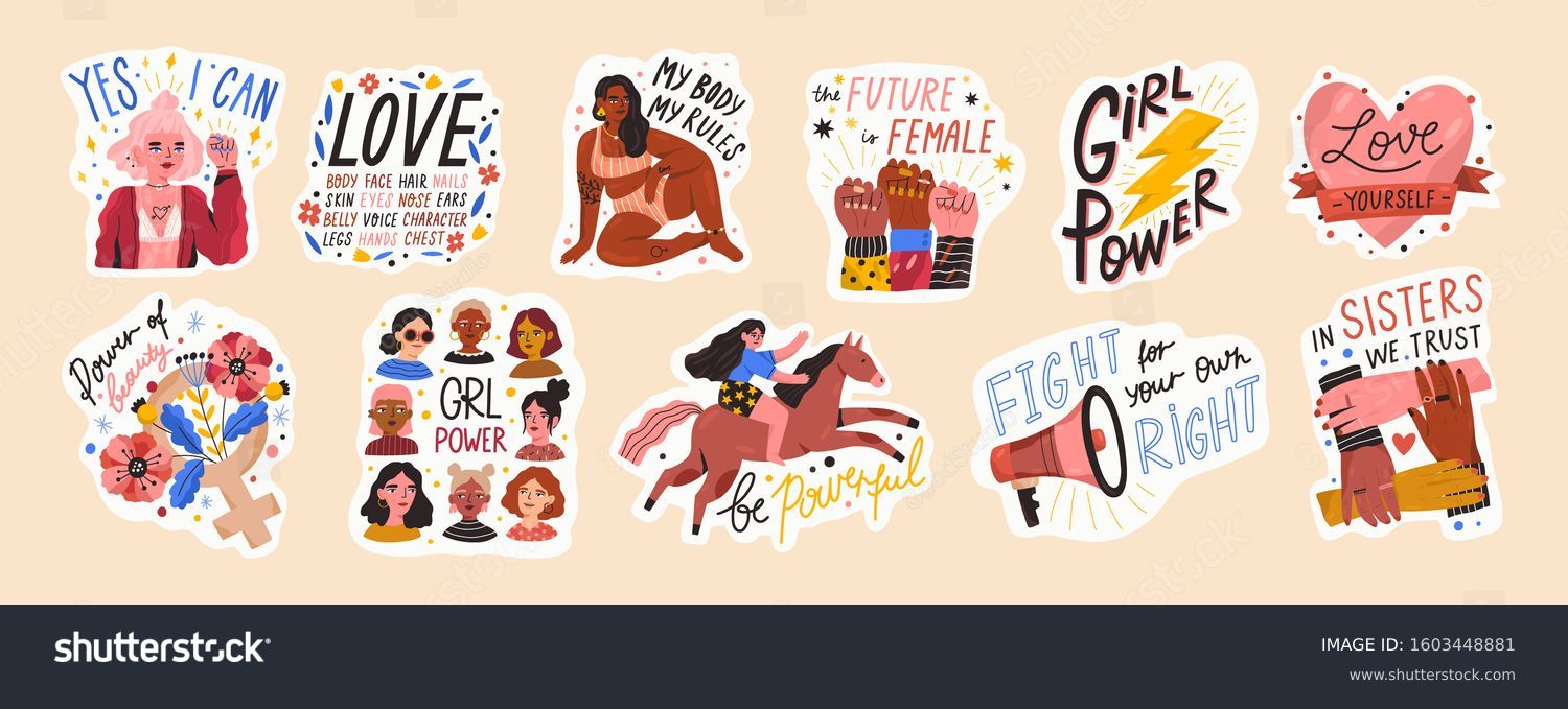 Feminist and body positive vector stickers set. Female movements cartoon badges with inspirational quotes. Women empowerment, self acceptance and gender equality trendy letterings pack. #1603448881