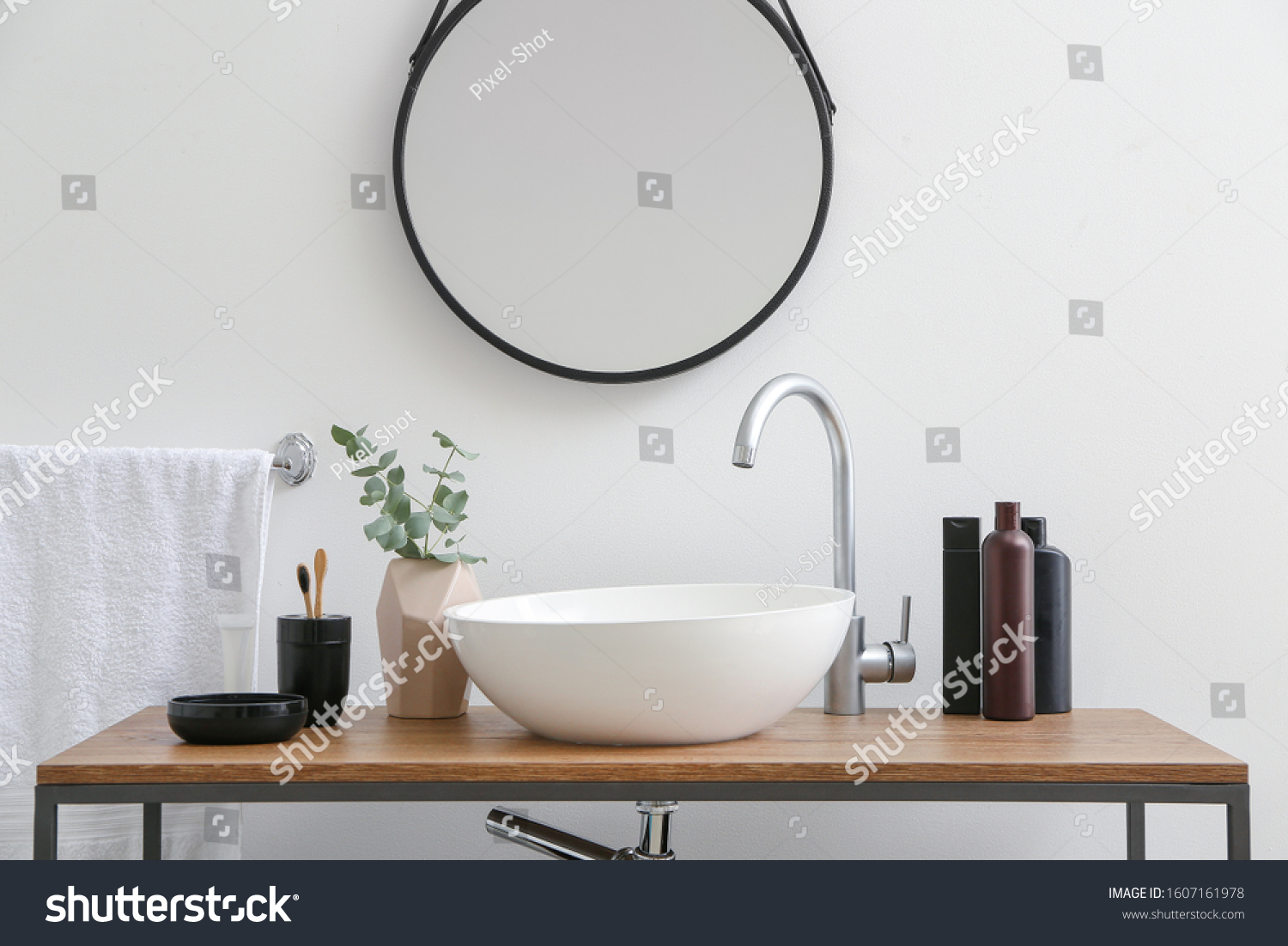 Body care cosmetics with accessories near sink in bathroom #1607161978