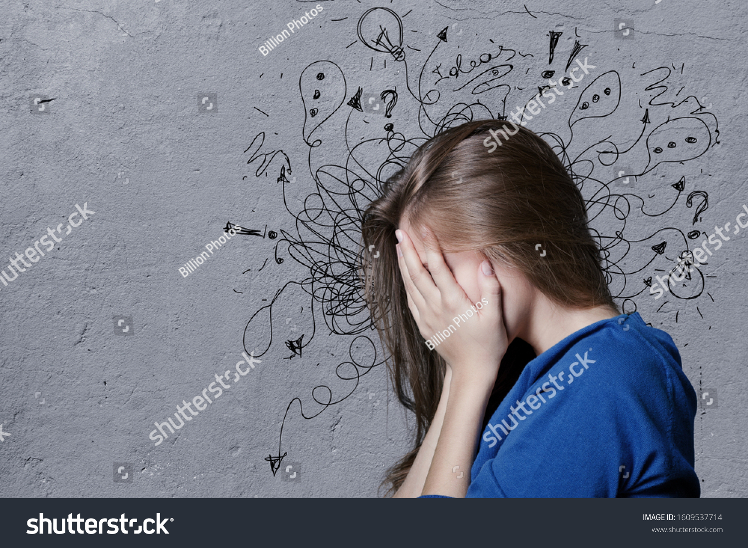 Young man with worried stressed face expression with illustration #1609537714