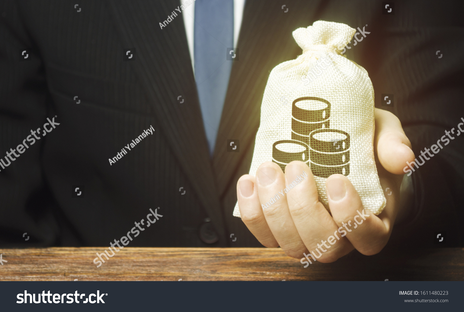 Businessman is holding a money bag in front of him. Provision money credit, grant. Project financing. Donations. Financial social assistance. Payment purchases, profits dividends. Business investment #1611480223