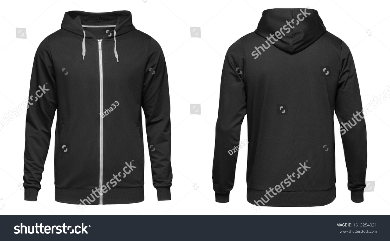 Men's hoodie black with zipper isolated on white background. Blank template hoody front and back view. #1613254021