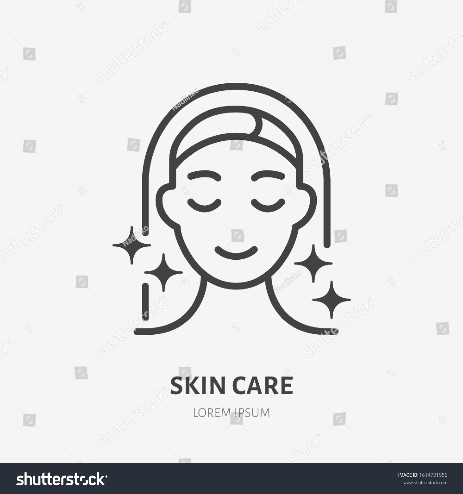 Aesthetic cosmetology line icon, vector pictogram of shiny skin, anti age skin care. Hapy woman illustration, sign for plastic surgery clinic. #1614731956