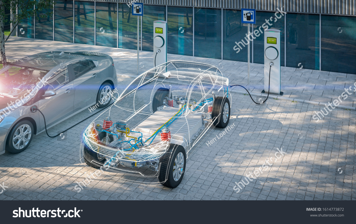 generic electric car with battery visible x-ray charging at public charger in city parking lot with lens flare 3d render #1614773872