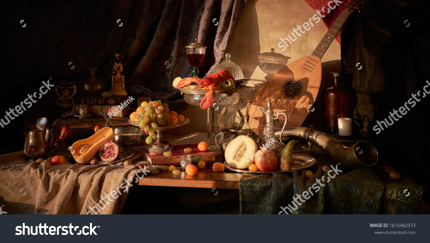 Still life in old masters style with lobster, glass of wine, silver dishes, fruits, guitar lute and hunting horn.             #1615482973
