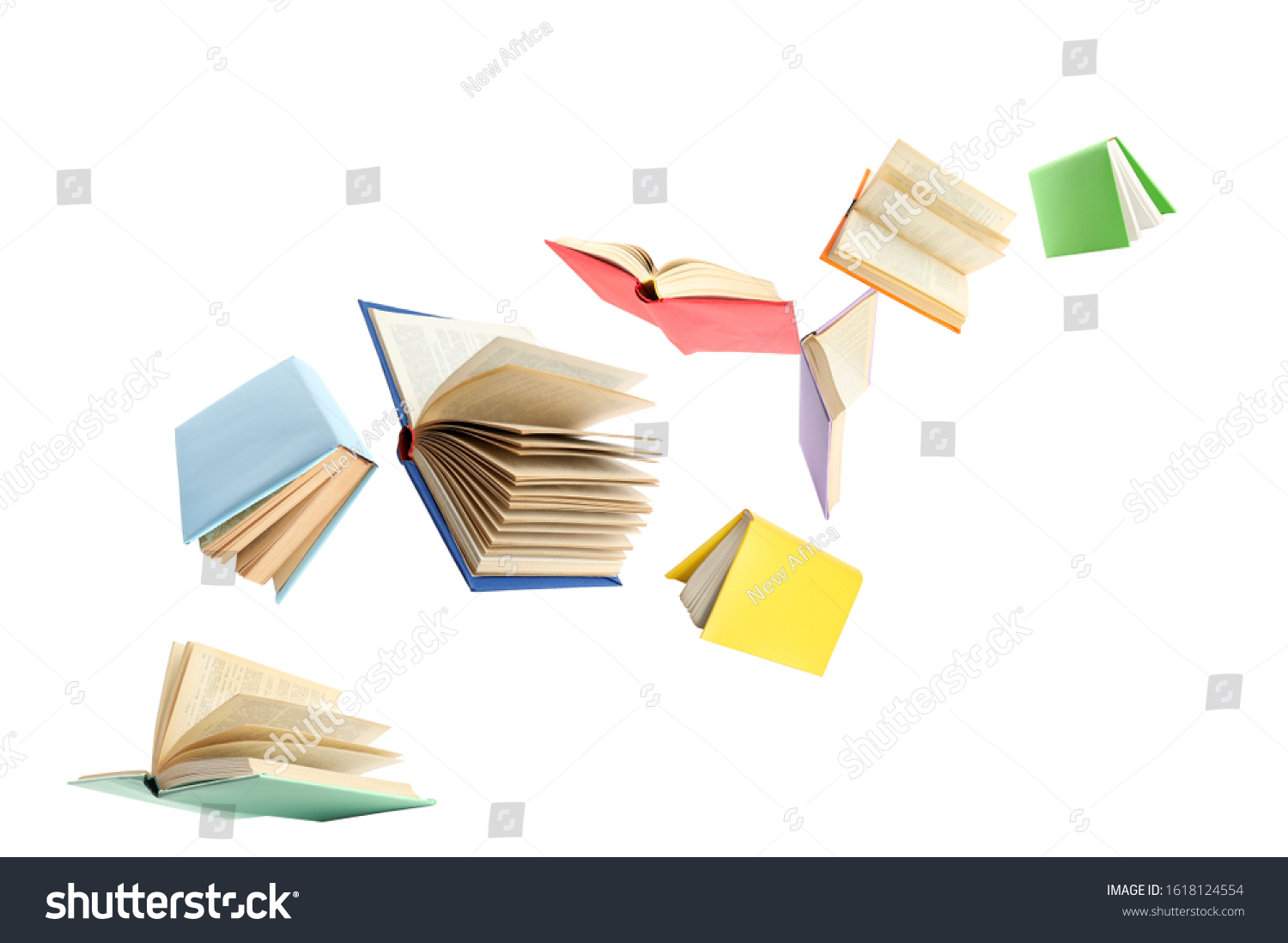 Colorful hardcover books flying on white background #1618124554