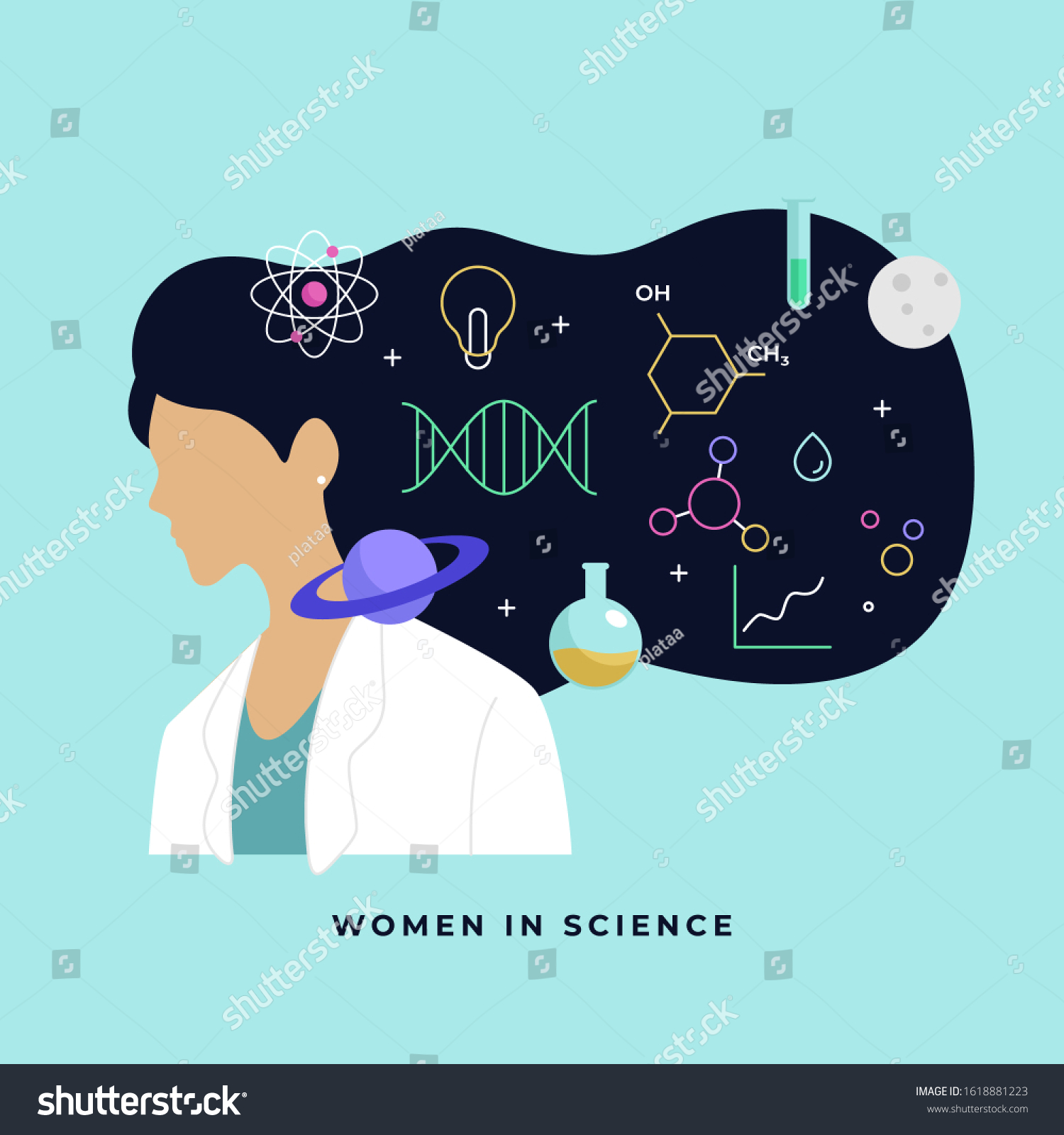 Female scientist head with long hair thinking about complex science knowledge vector illustration. International Day of Women and Girls in Science poster background. #1618881223