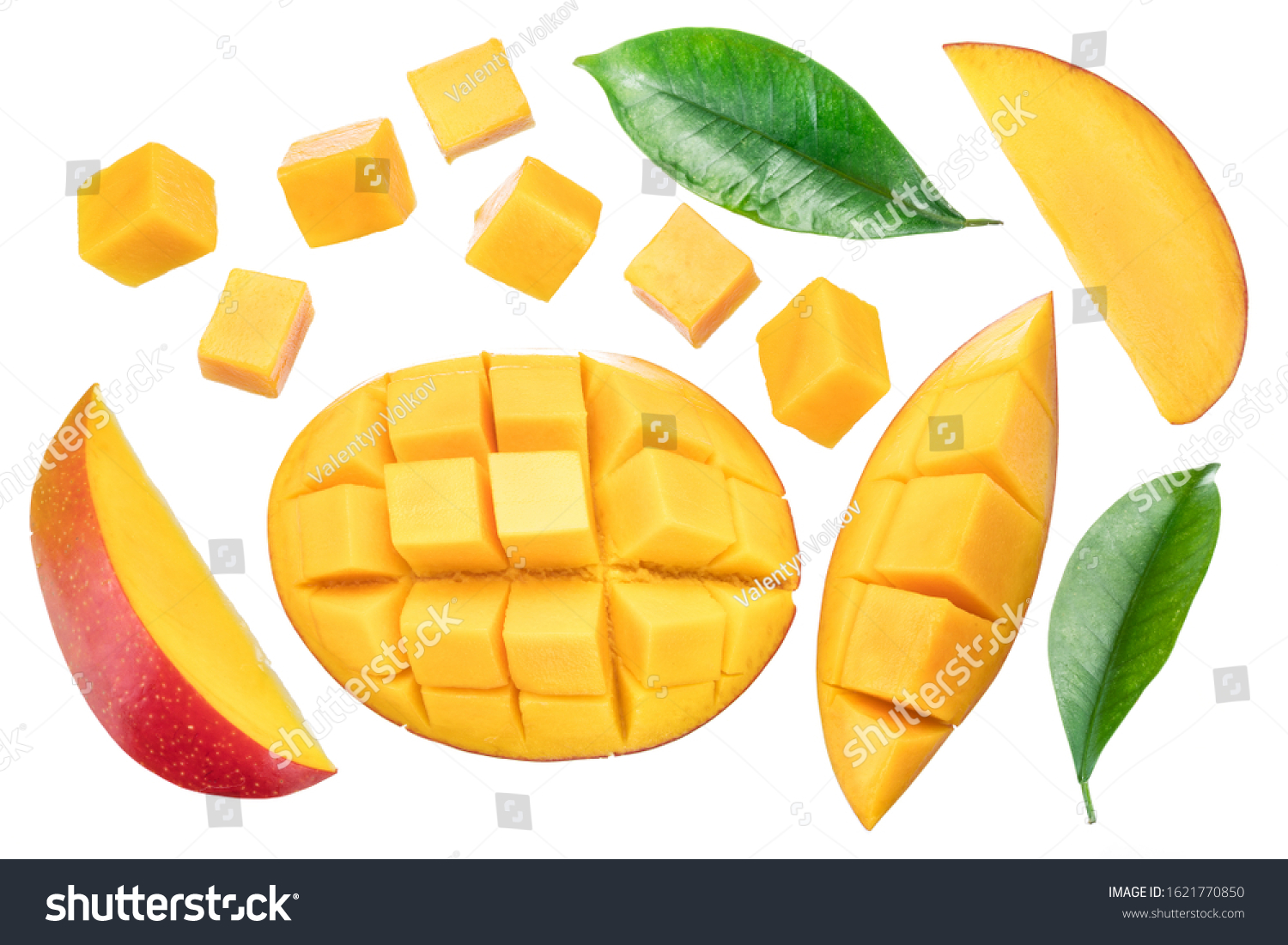 Set of mango cubes and mango slices isolated on a white background. #1621770850