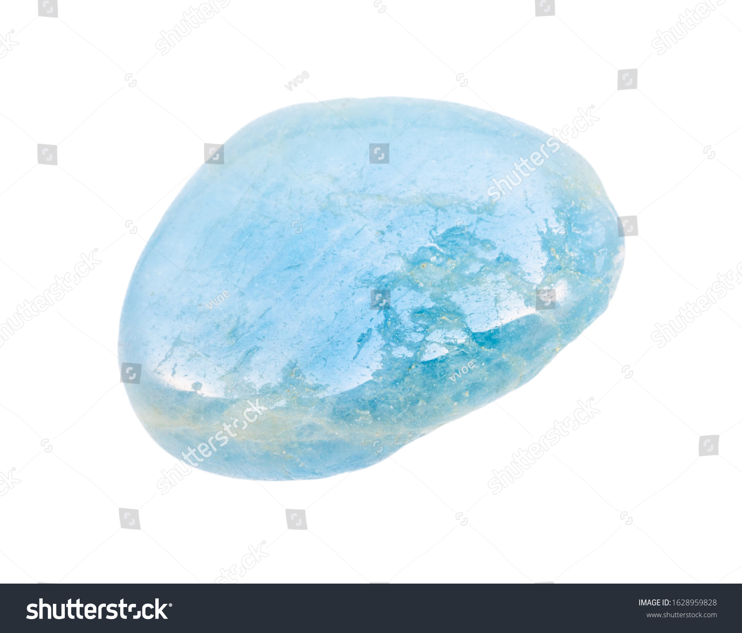 closeup of sample of natural mineral from geological collection - polished Aquamarine (blue Beryl) gemstone isolated on white background #1628959828