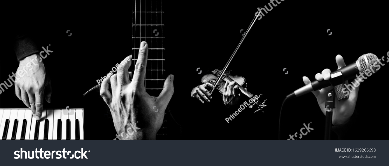four parts of musician hands playing musical instrument. music background #1629266698