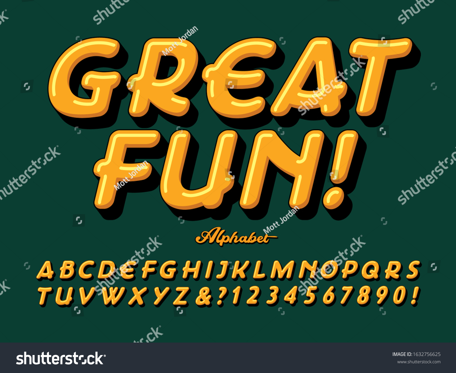 A fat and rounded font. Great Fun is a 3d effect alphabet with a zany and silly vibe. Bright yellow and black on green with line highlights gives this lettering a cartoon style feel. #1632756625