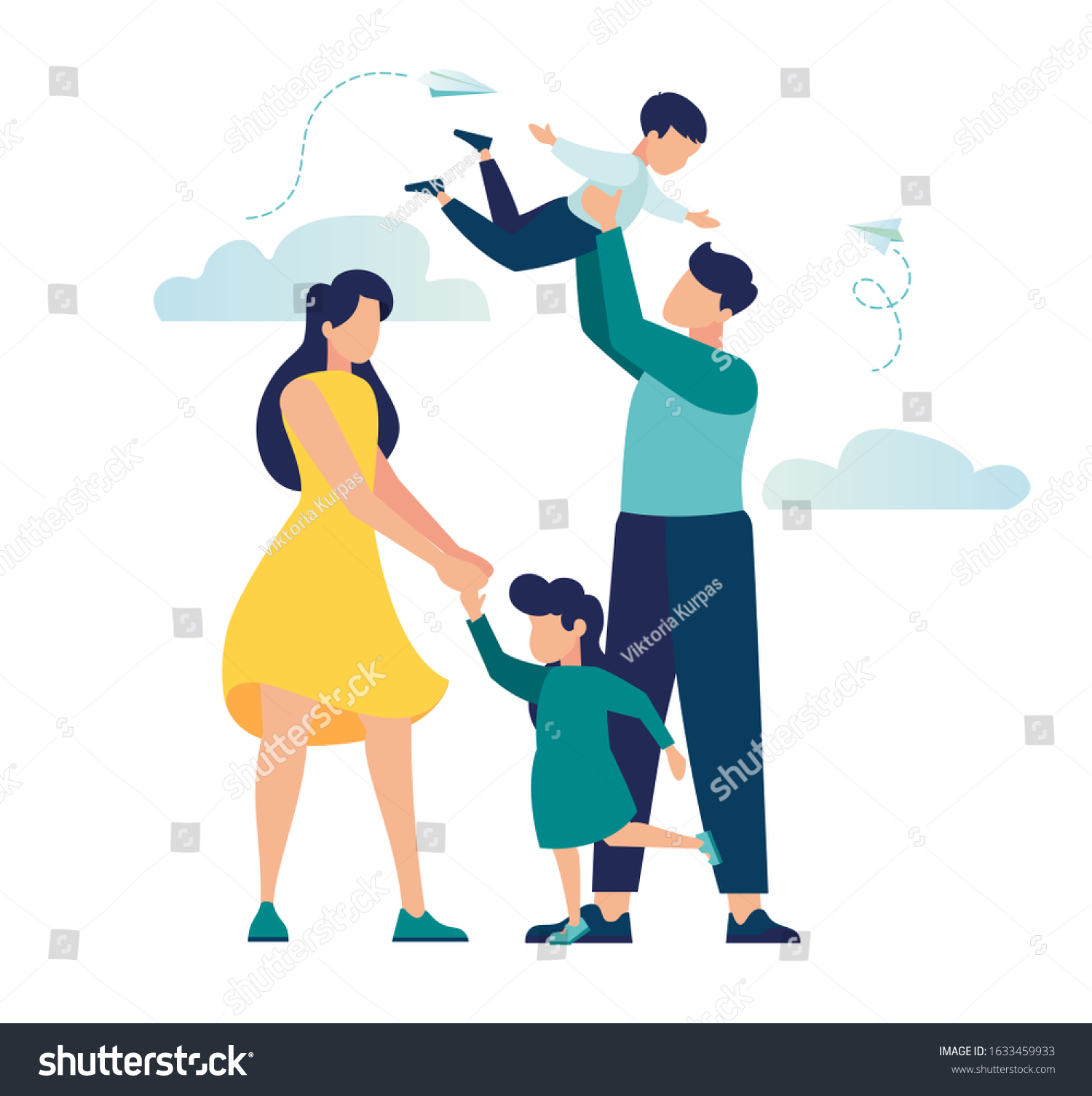 vector illustration of a happy family, mother father daughter son holding hands and hugging, complete prosperous family vector #1633459933