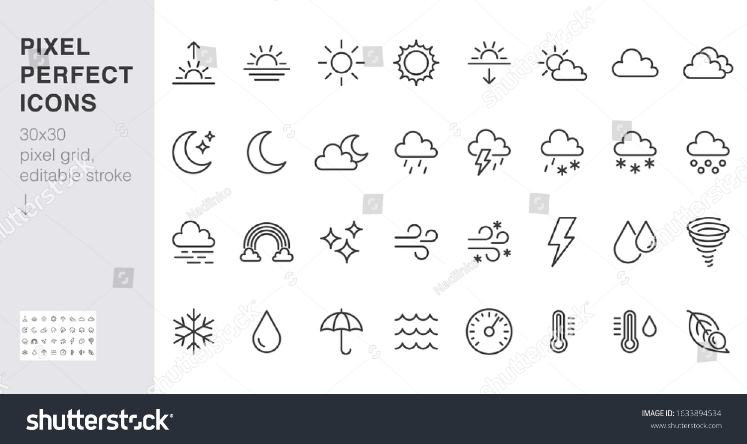 Weather line icons set. Sun, rain, thunder storm, dew, wind, snow cloud, night sky minimal vector illustrations. Simple flat outline signs for web, forecast app. 30x30 Pixel Perfect. Editable Strokes. #1633894534