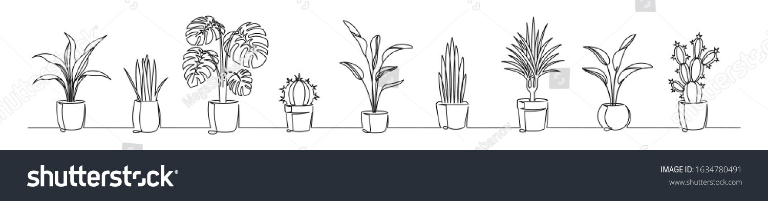 Set of continuous one line drawing of a flowers in a pots. Beautiful flowers isolated on a white background. Vector illustration #1634780491