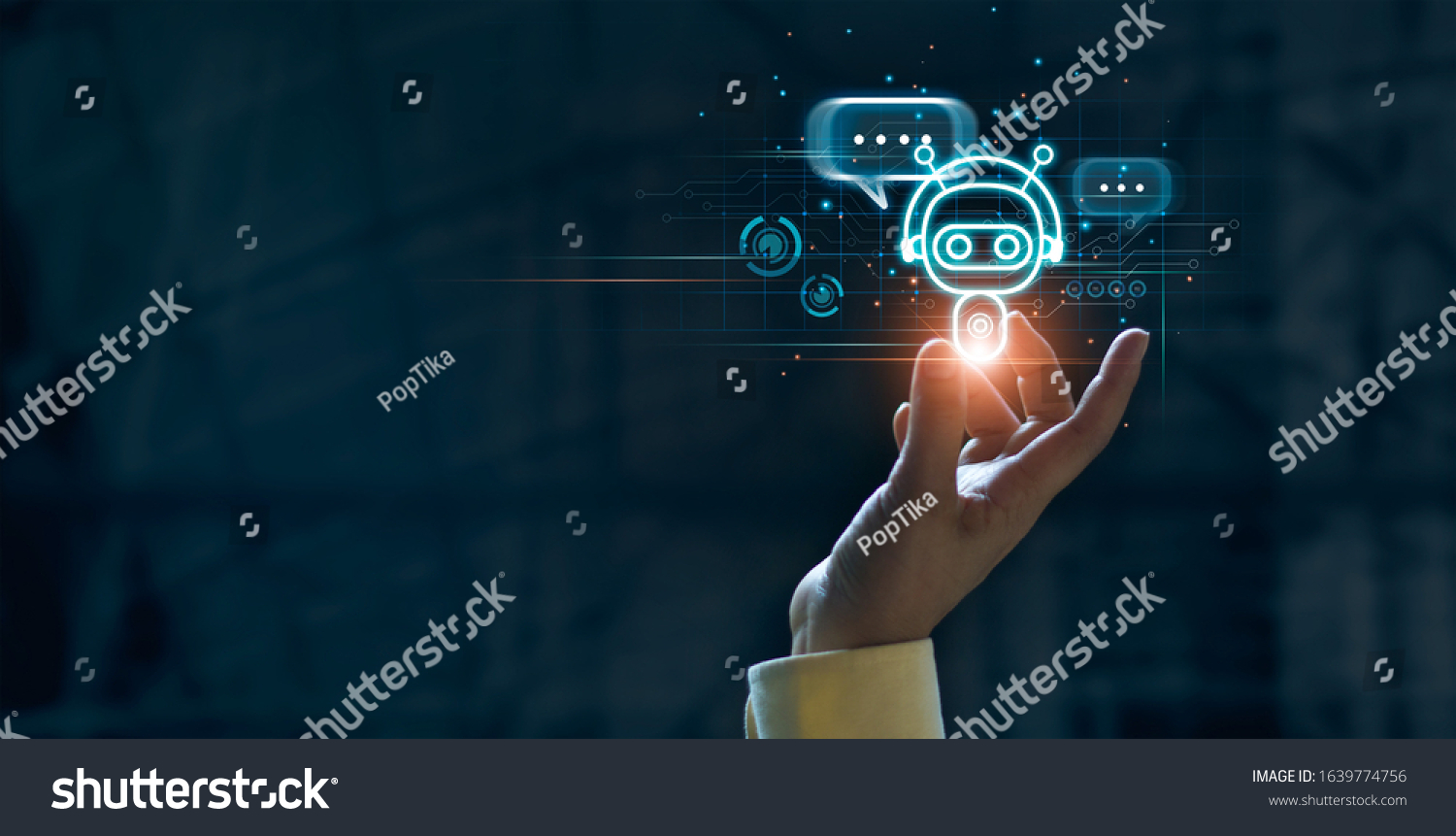 Hand touching digital chatbot for provide access to information and data in online network, robot application and global connection, AI, Artificial intelligence, innovation and technology. #1639774756