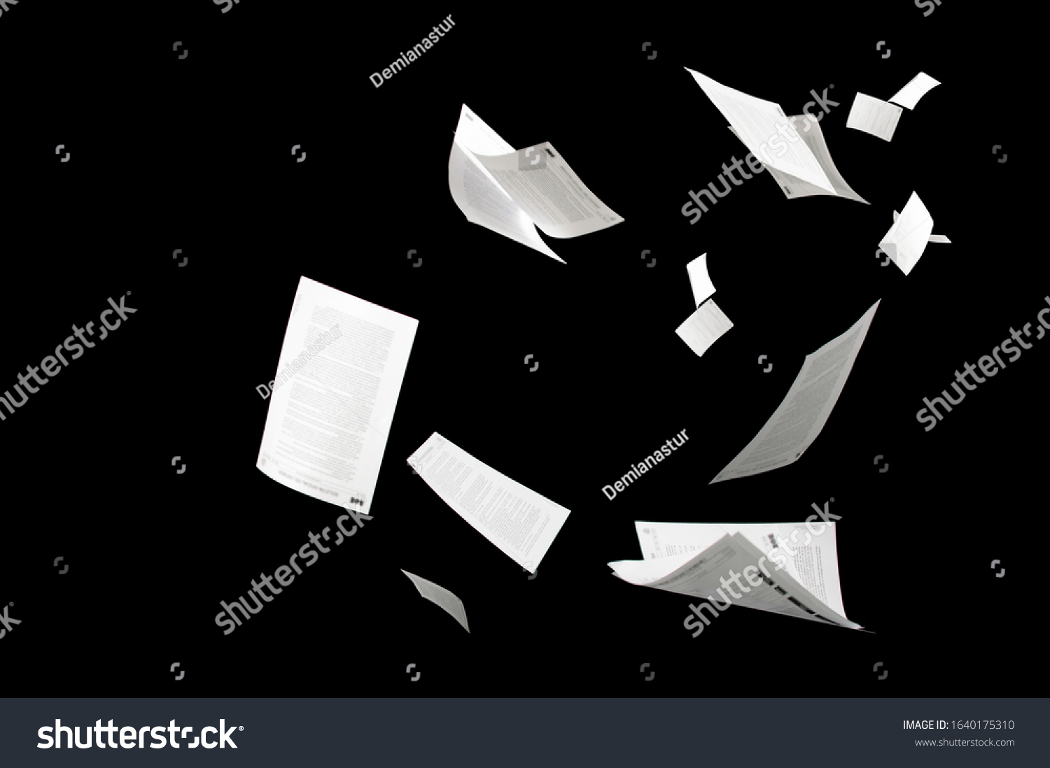 Many flying business documents isolated on black background Papers flying in air in business concept #1640175310