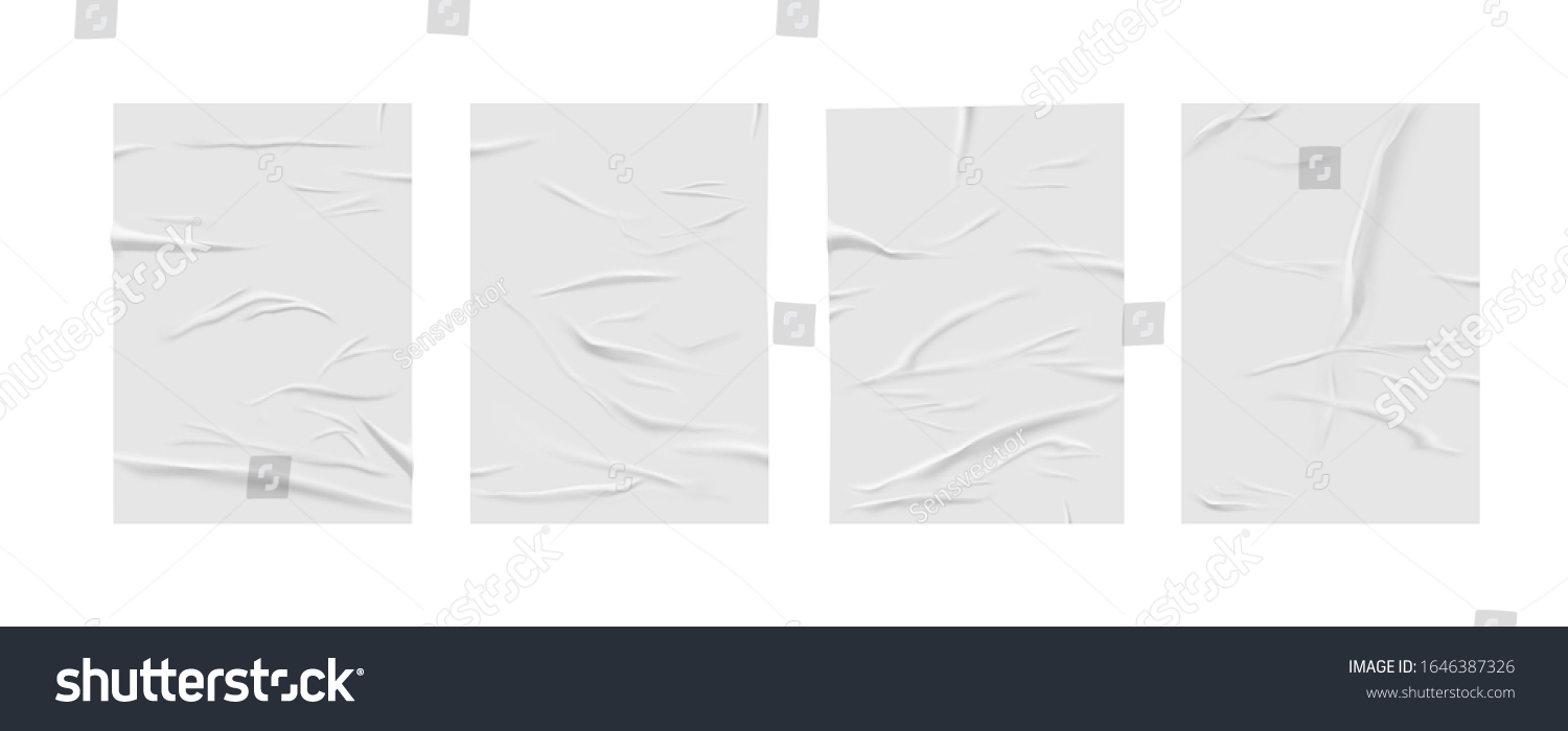 Glued paper wrinkled effect, vector realistic background. Badly wet glued paper or gray adhesive foil with crumpled and greased wrinkles texture, isolated blank templates set #1646387326