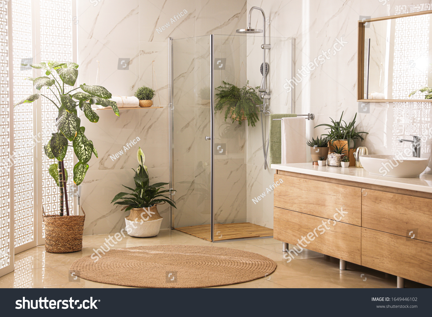 Stylish bathroom interior with countertop, shower stall and houseplants. Design idea #1649446102