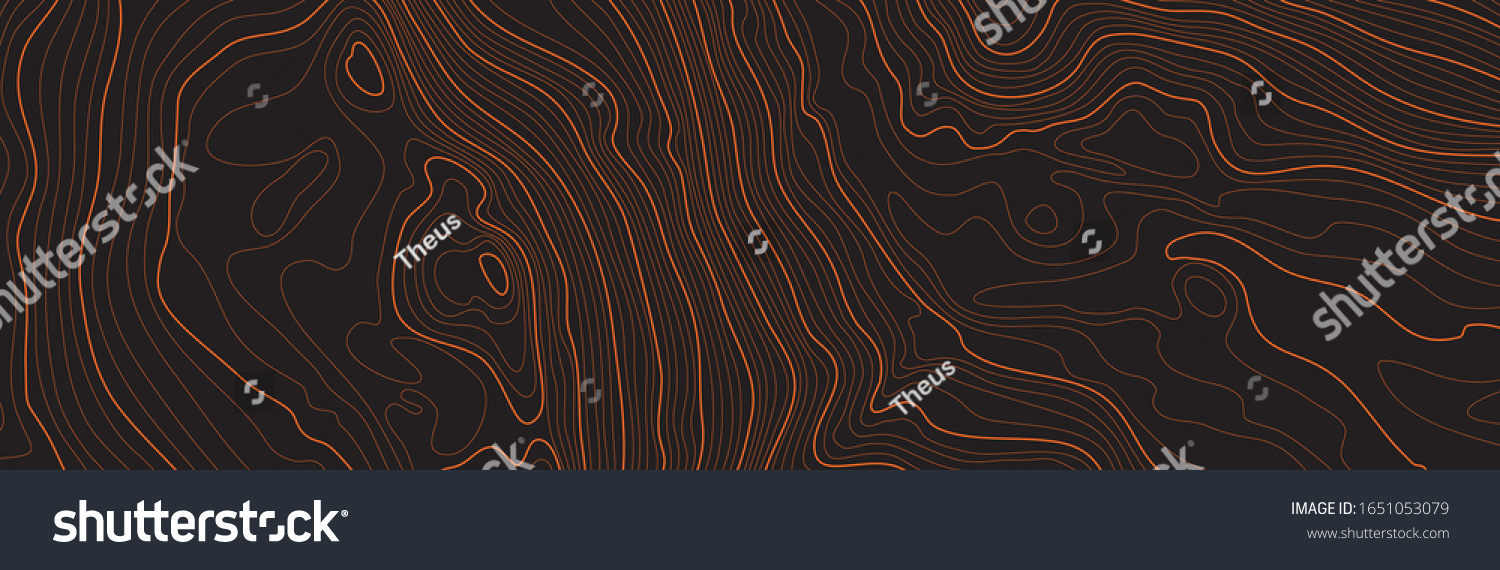 The stylized height of the topographic map contour in lines and contours. The concept of a conditional geography scheme and the terrain path. Orange on black. Ultra wide size. Vector illustration. #1651053079