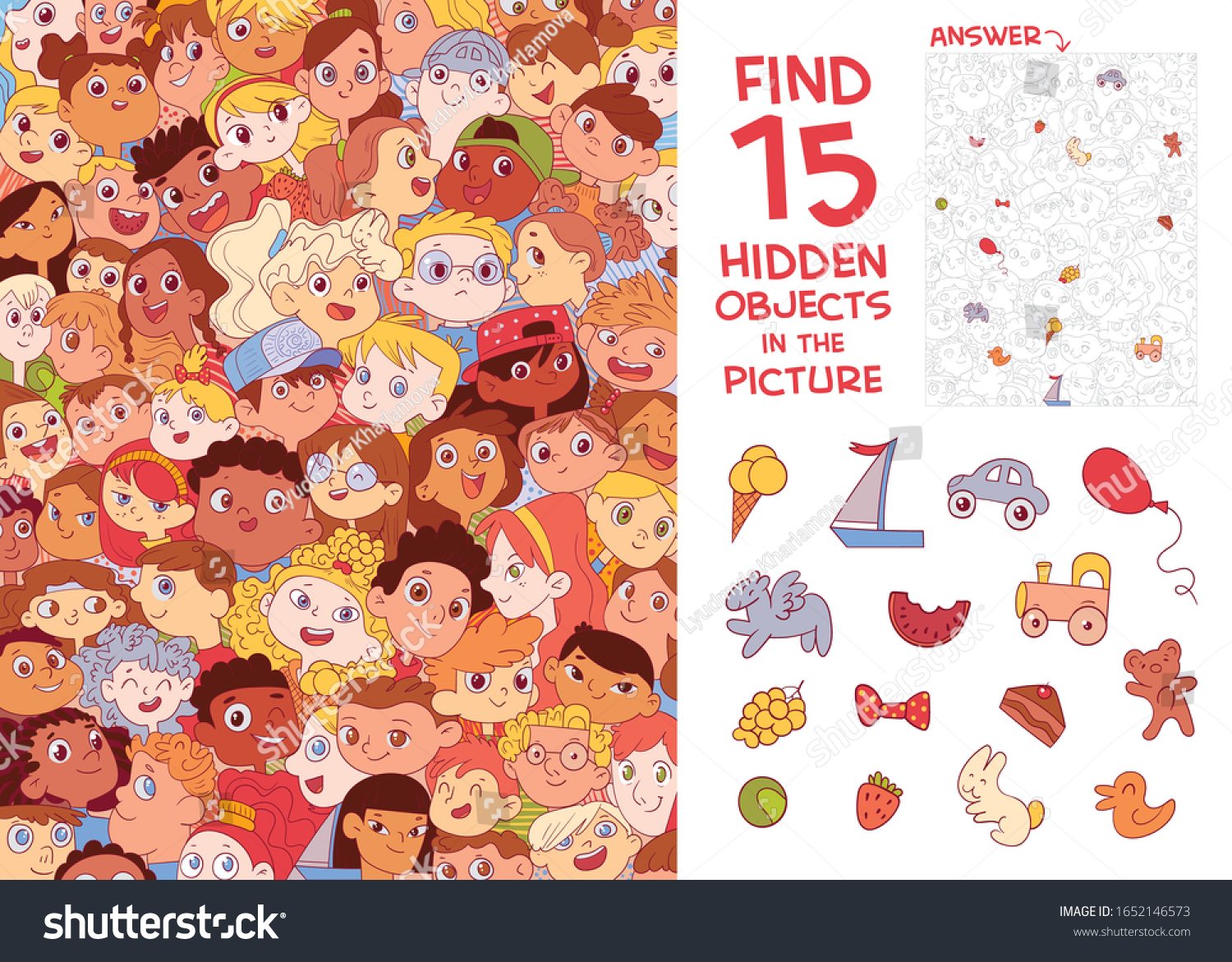Ethnic diversity of children's faces. International Children's Day. Find 15 hidden objects in the picture. Puzzle Hidden Items. Funny cartoon character. Vector illustration #1652146573