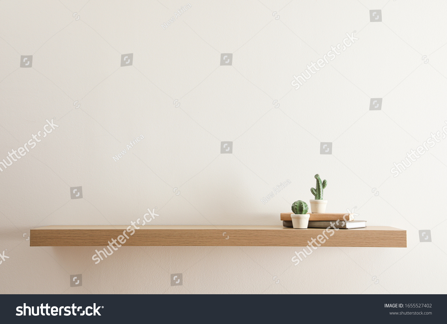 Wooden shelf with books and decorative cactuses on light wall #1655527402