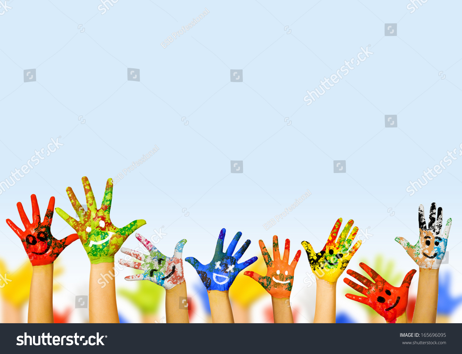 Image of human hands in colorful paint with smiles #165696095