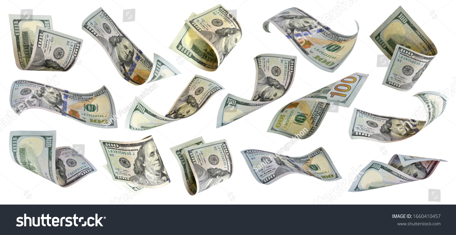Flying US hundred dollars collection Benjamin Franklin on 100 dollar bank note isolated on white background. This has clipping path.  #1660410457