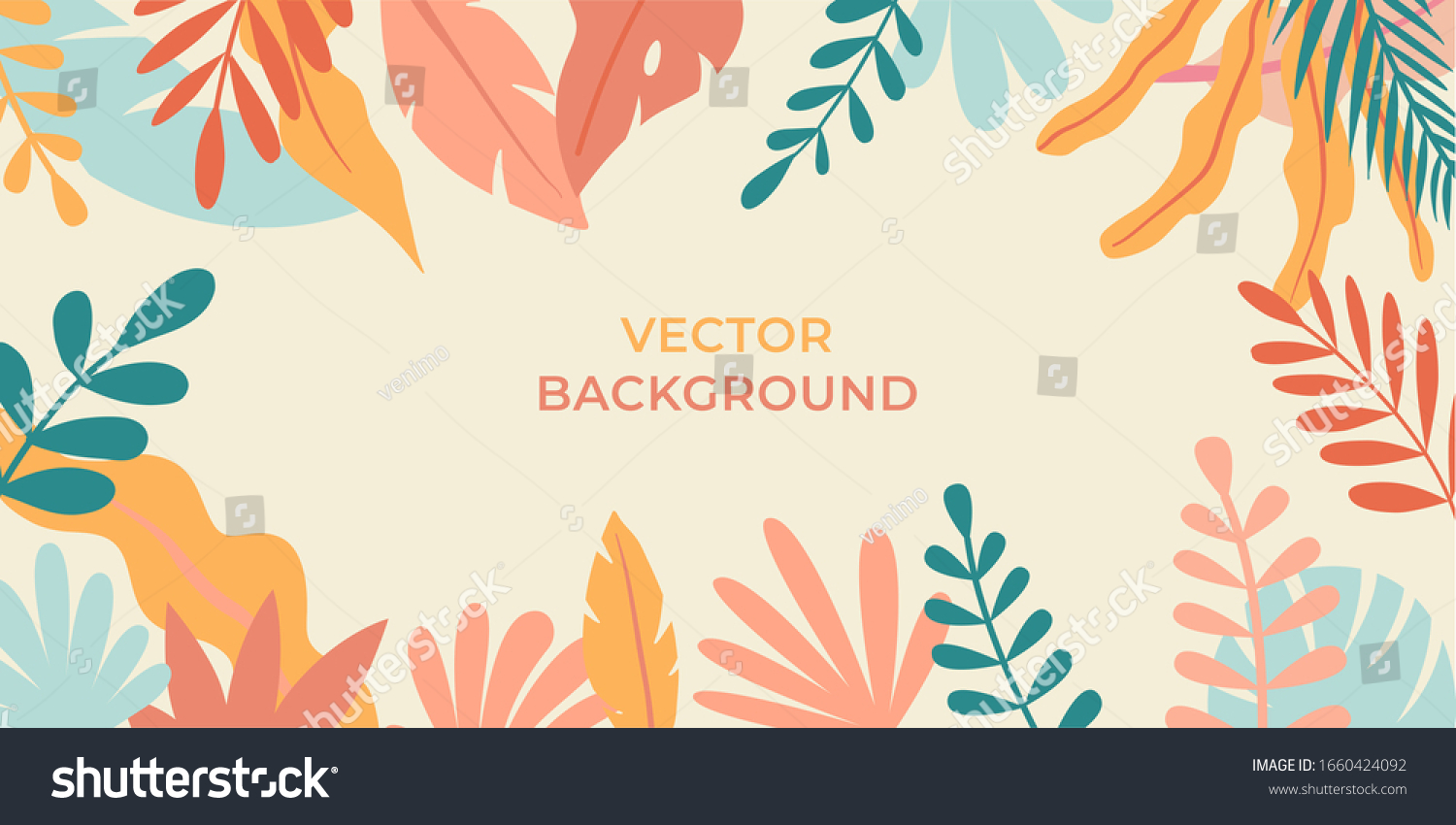 Vector illustration in simple flat style with copy space for text - background with plants and leaves - backdrop for greeting cards, posters, banners and placards #1660424092
